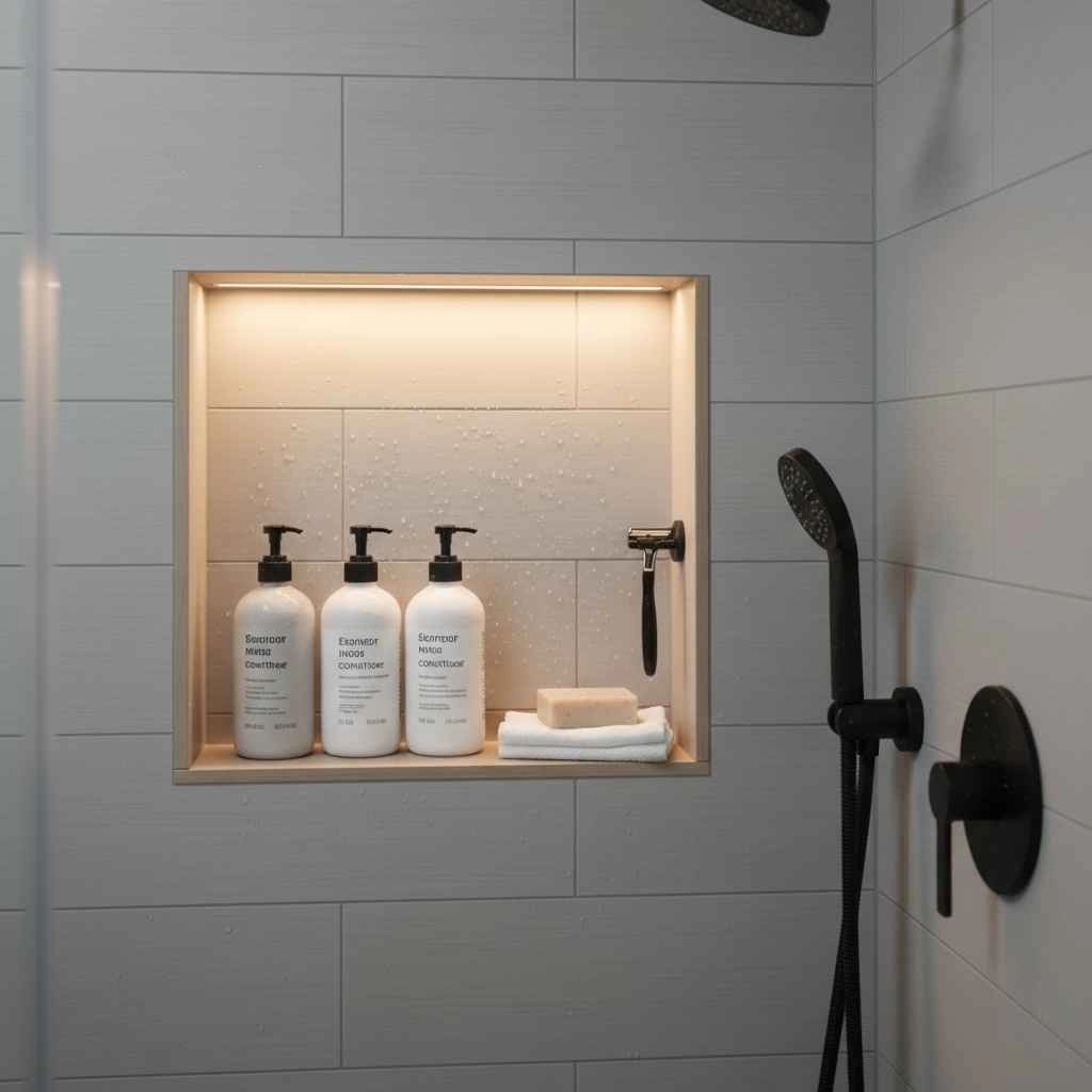 Shower niche with organized toiletries within a walk-in shower.