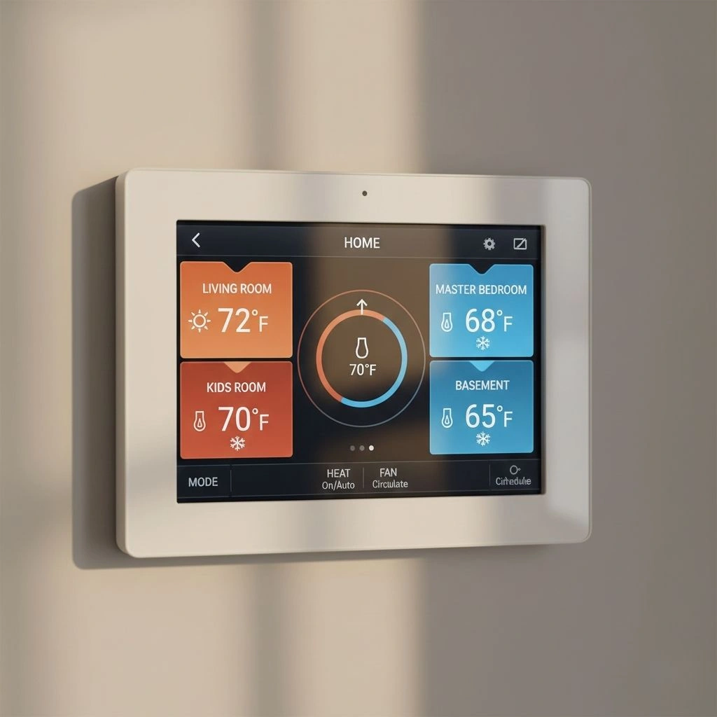 Thermostat interface showing multiple zones and temperature settings.
