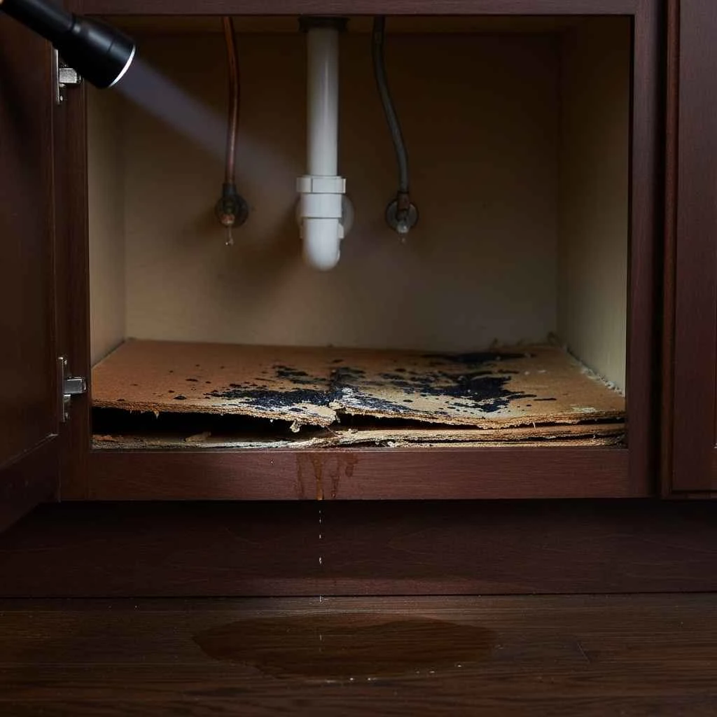 water-damaged cabinet flooring