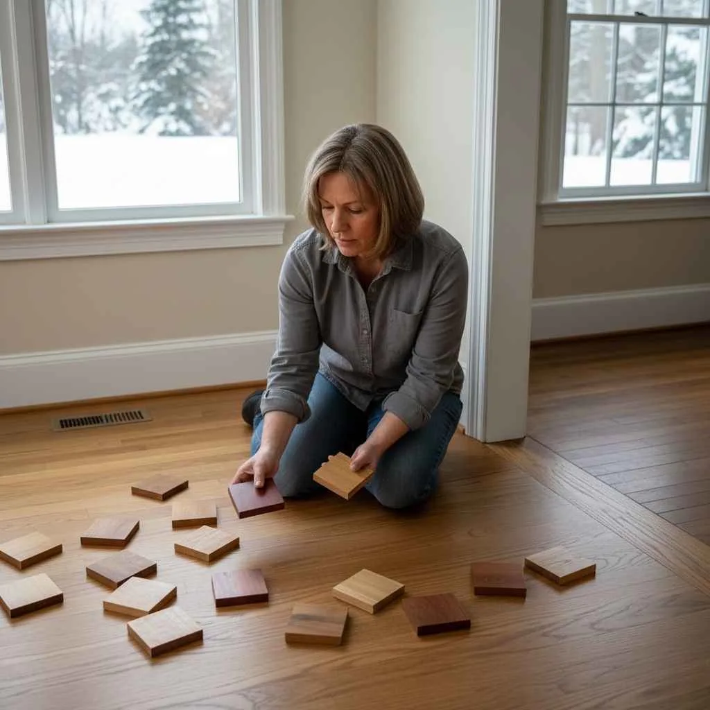 Flooring specialist comparing hardwood stain samples in a Massachusetts home
