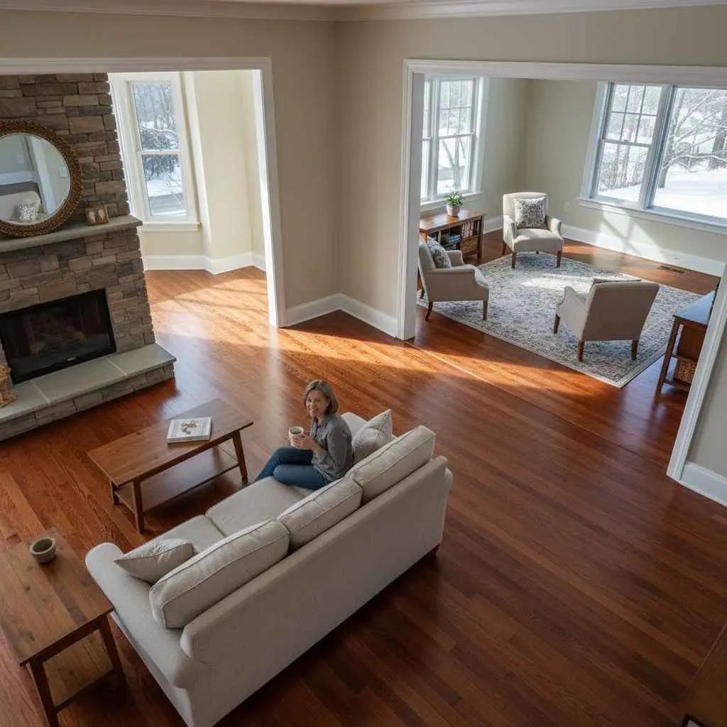 Massachusetts living room with perfectly matched hardwood flooring between two rooms