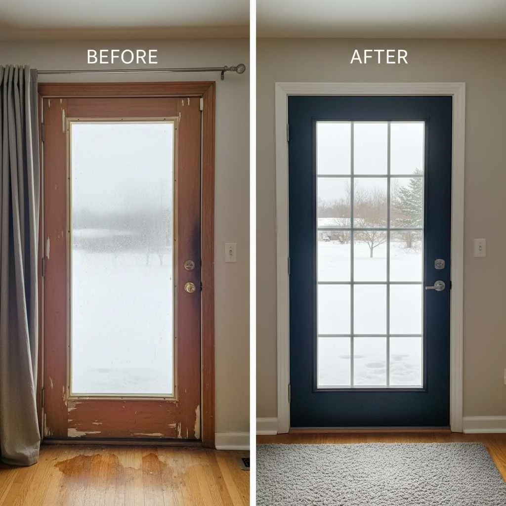 Old drafty door replaced with modern energy-efficient patio door