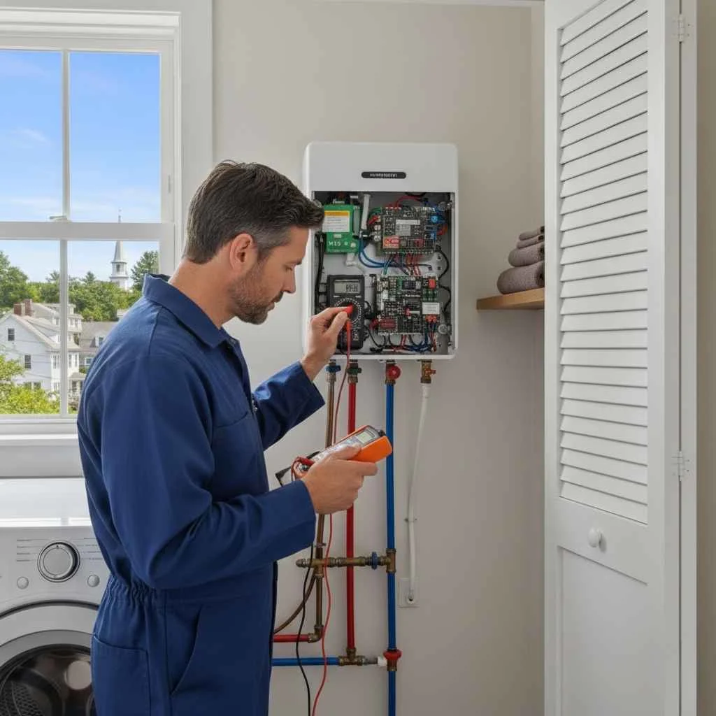 Technician inspecting a modern tankless water heater