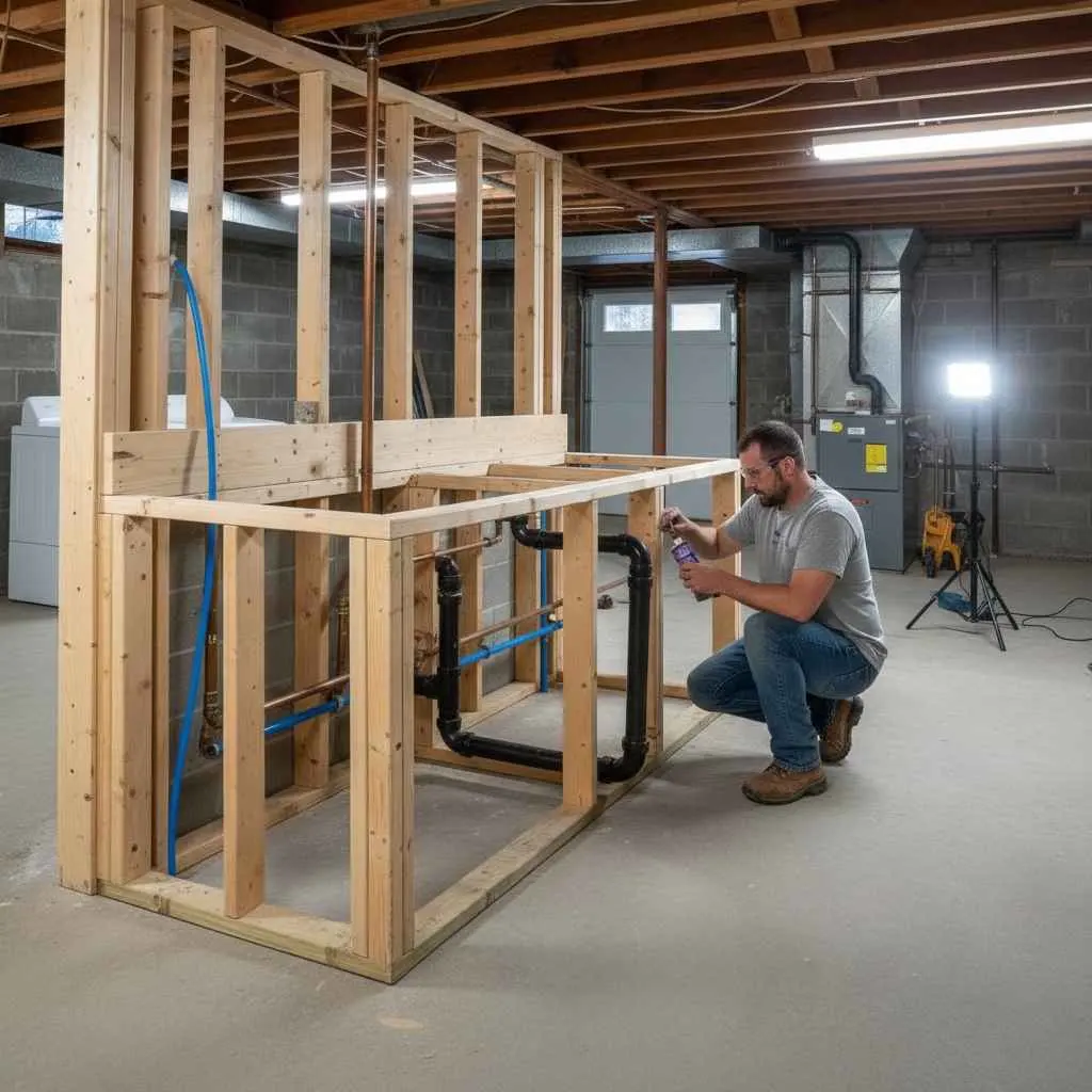 Plumber installing drain pipe in basement