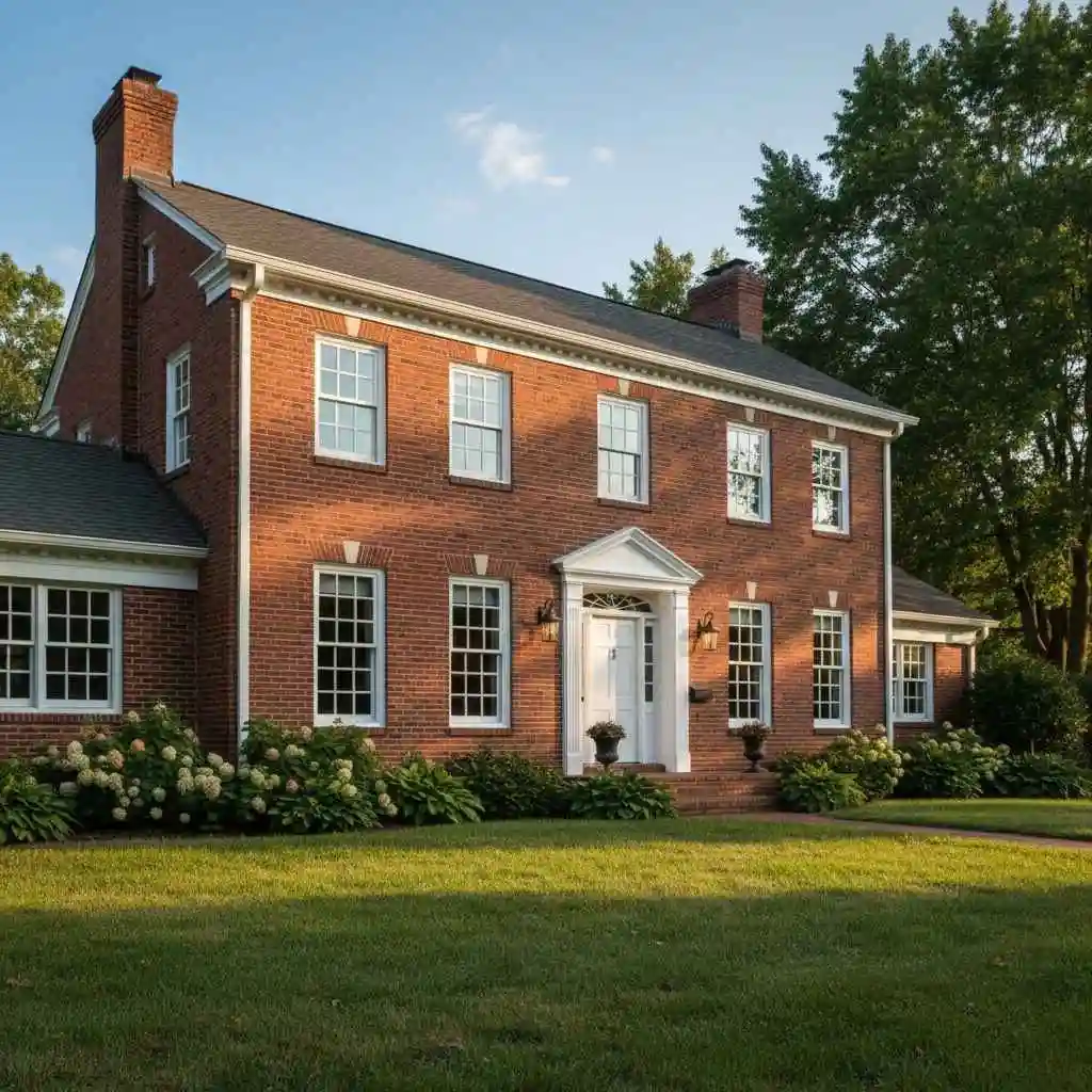 colonial home with white trim and white gutters