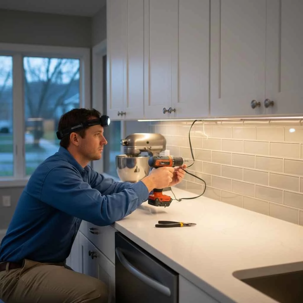 professional electrician installing fixtures
