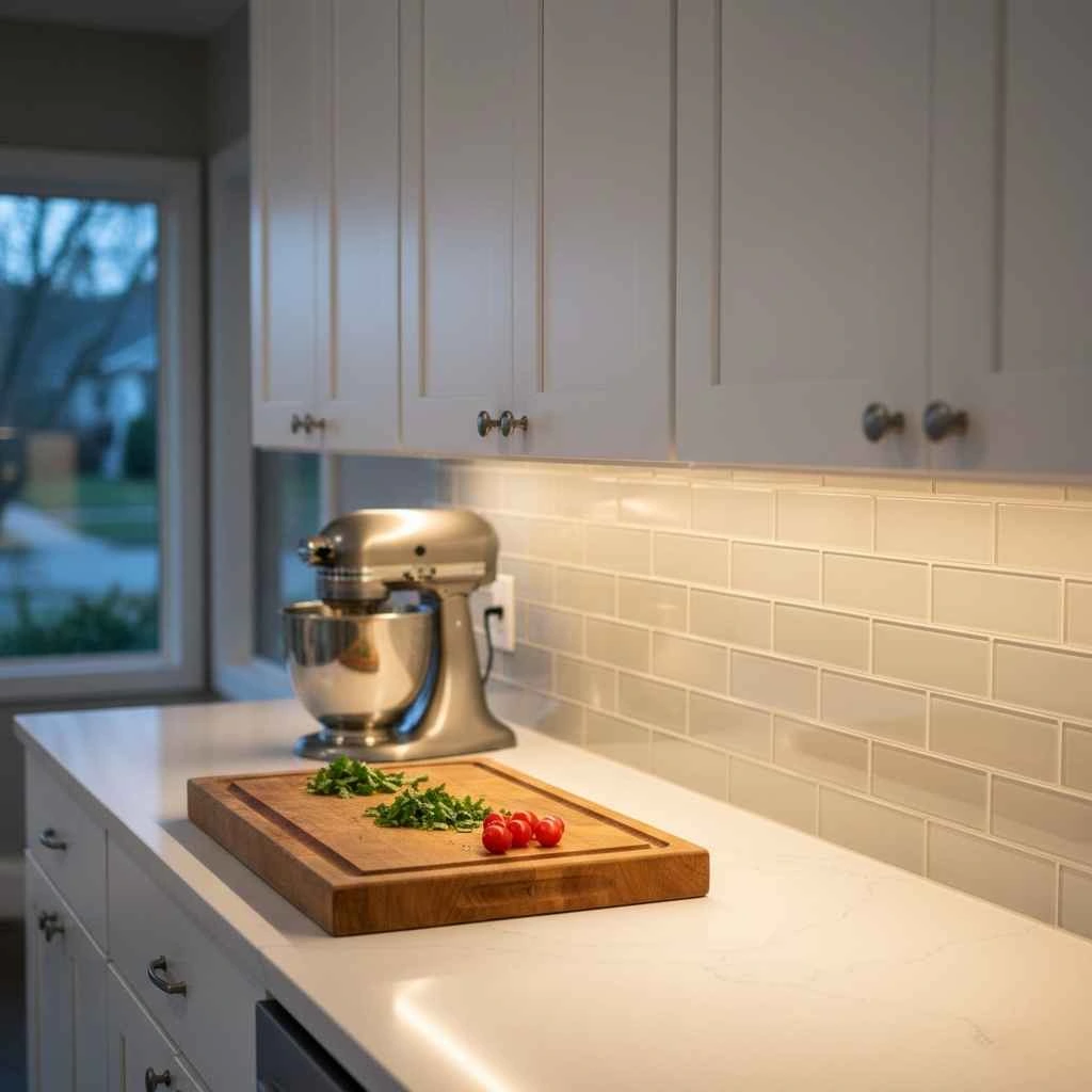 under-cabinet LED lights illuminating countertop in kitchen