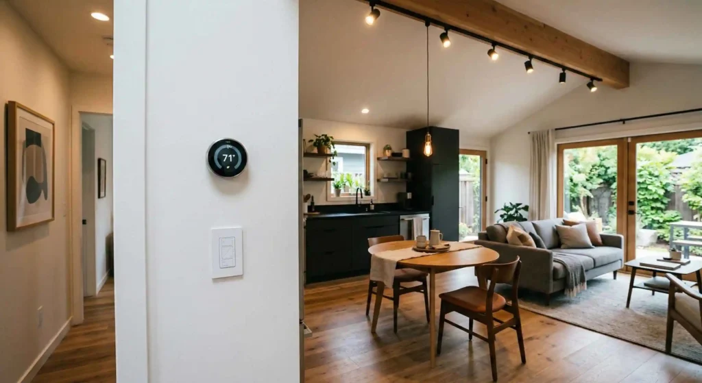 smart thermostat and modern lighting inside ADU