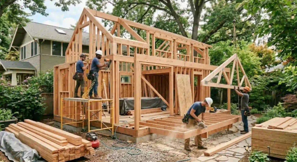 construction team working on ADU framing