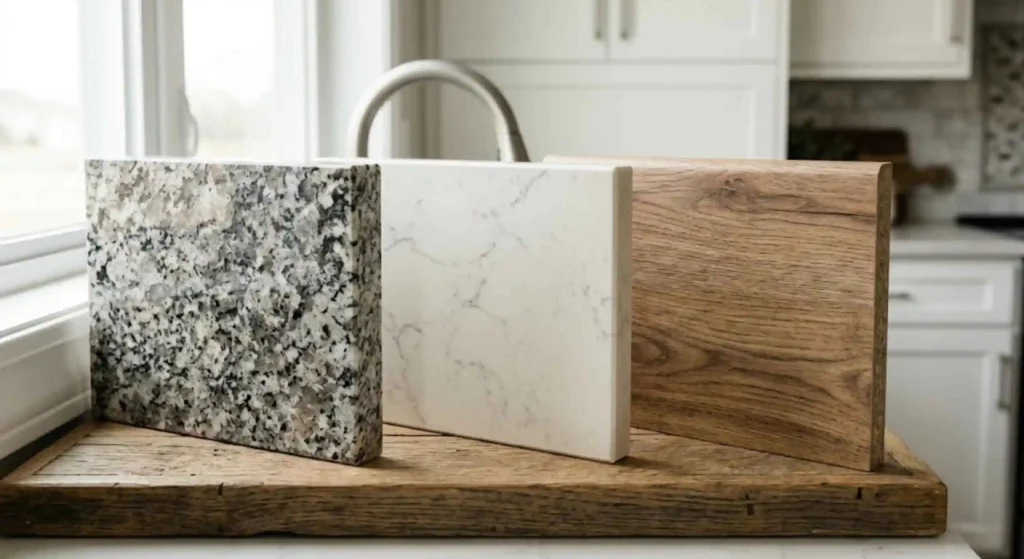 different countertop materials (granite, quartz, laminate)