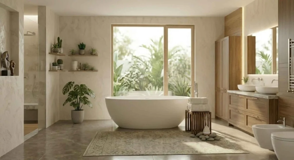 elegant bathroom vanity with lighting and storage