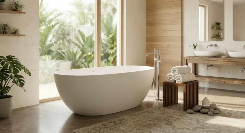 freestanding bathtub in a spa-style bathroom