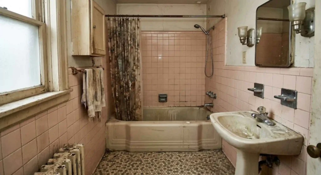 outdated bathroom with old tiles and fixtures