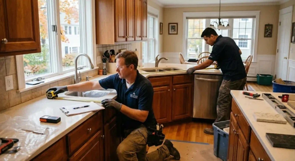 Professional countertop installers measuring kitchen surfaces in Massachusetts home