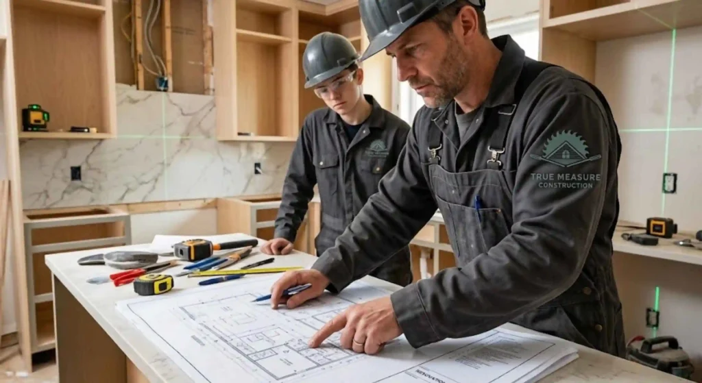 contractor reviewing kitchen renovation plans