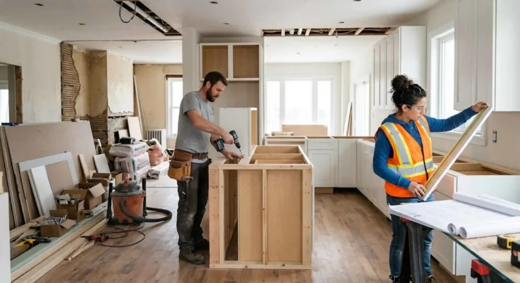 Kitchen remodeling contractors working on an open concept renovation
