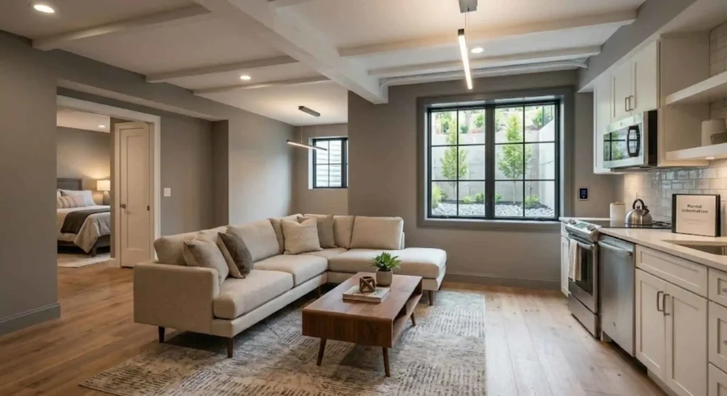 Modern basement rental unit with living area and kitchen space