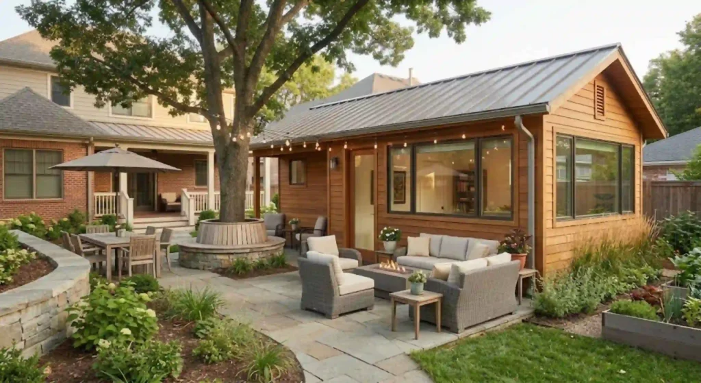 Completed backyard in-law suite with outdoor seating in Westborough