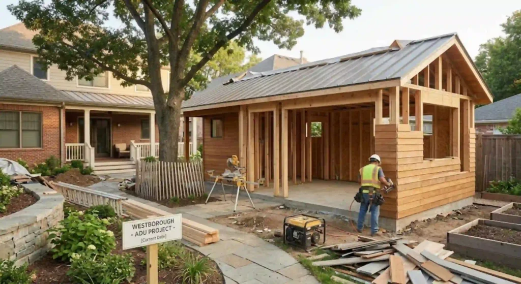 Custom backyard in-law suite under construction in Westborough