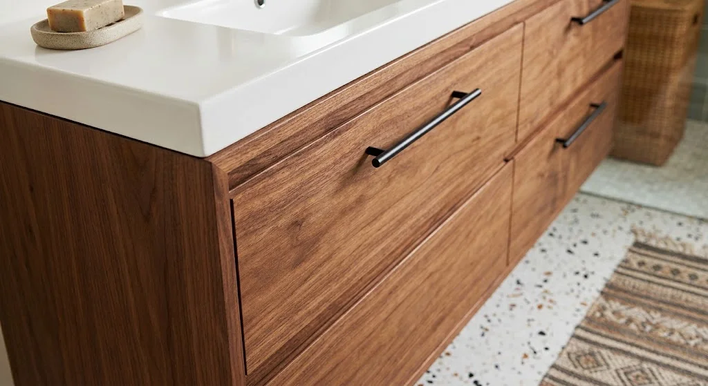 Custom wood vanity for a Mid century modern bathroom design in Westborough