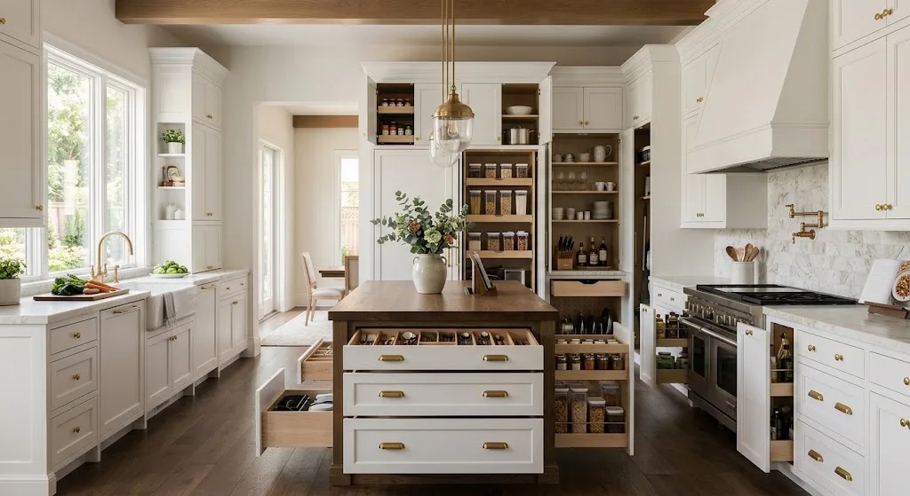 High-end Westborough kitchen with custom white cabinets and functional storage
