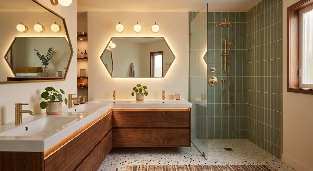 Layered bathroom lighting for a Mid century modern bathroom design in Westborough