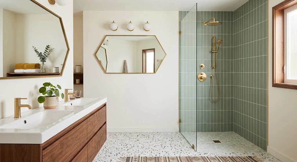 Modern walk-in shower with mid-century tile design in Westborough MA
